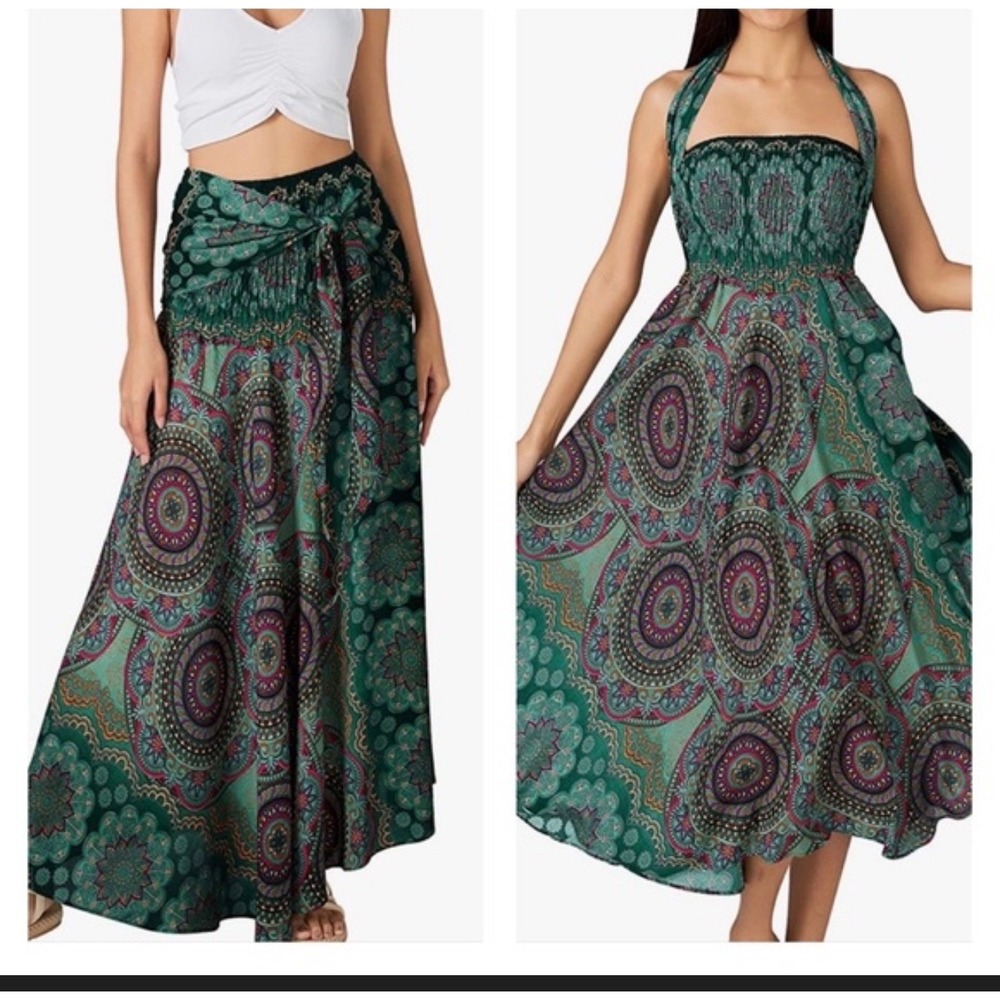 Joob Joob Teal Mandala Smocked Strapless Boho Maxi Dress Skirt Convertiblr‎